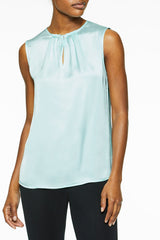 Pleat Neck Crepe de Chine Blouse, Mint Green