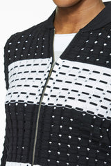 Striped Pointelle Knit Bomber Jacket