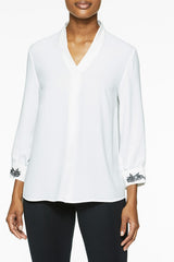 Floral Embroidered Cuff Crepe de Chine Blouse