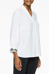 Floral Embroidered Cuff Crepe de Chine Blouse