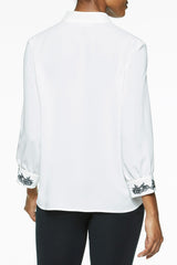 Floral Embroidered Cuff Crepe de Chine Blouse