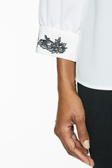 Floral Embroidered Cuff Crepe de Chine Blouse
